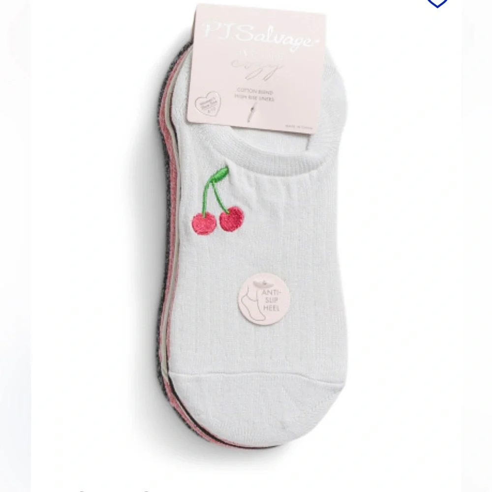 PJ Salvage White Socks with Cherry Embroidery on one pair and 5 solid marled